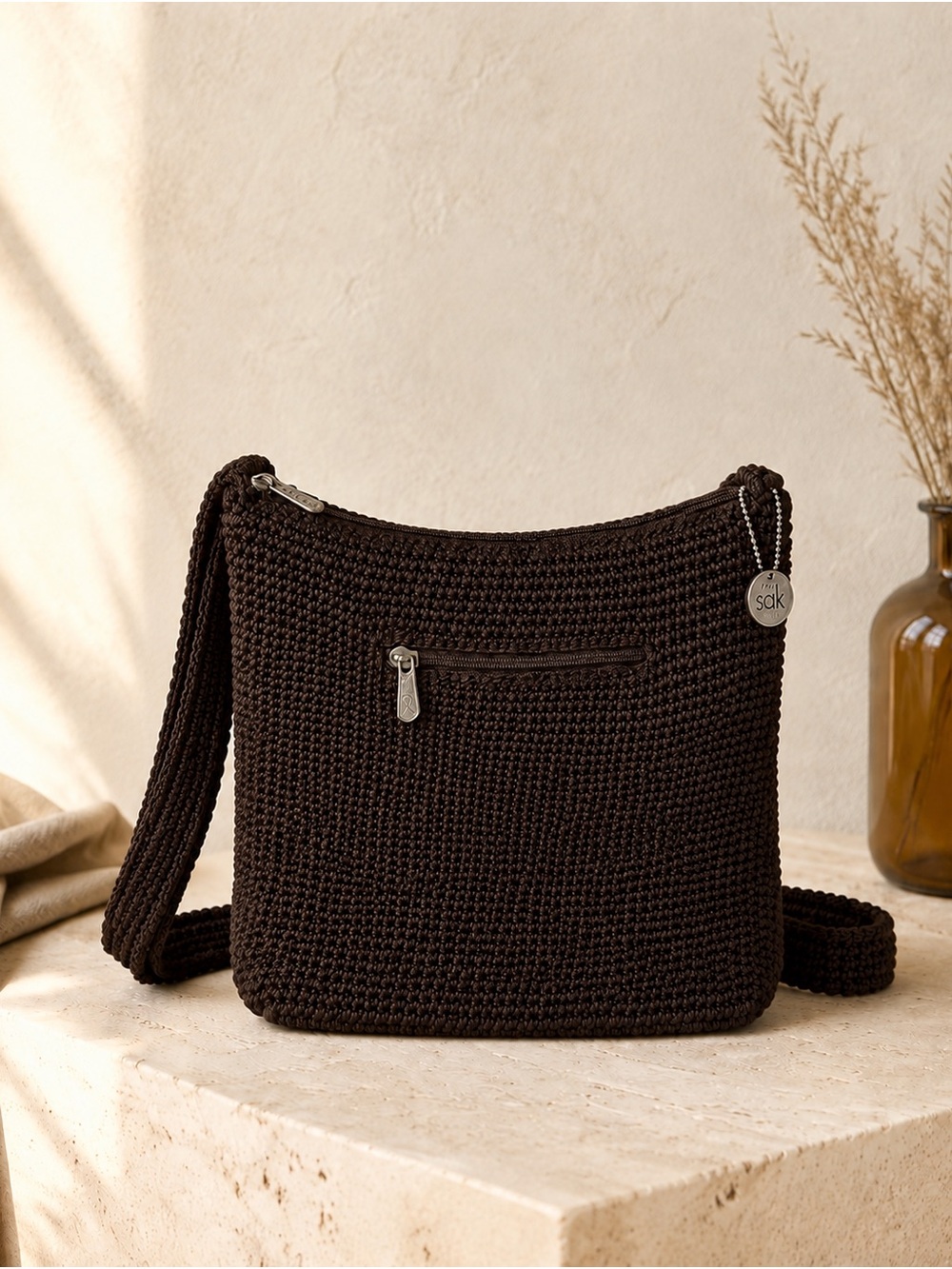 The Sak Deep Chocolate Brown Crochet Shoulder Bag Y2K Boho Hobo Purse Artisan
